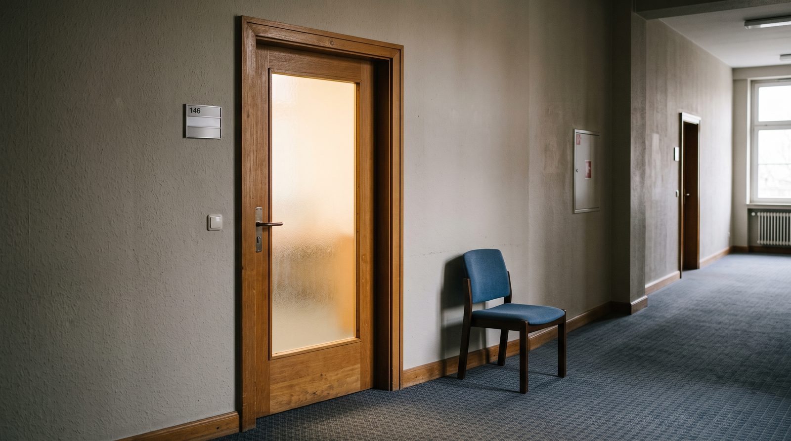 Geschlossene Bürotür mit Besucherstuhl im Flur, Sinnbild für ein diskretes Nachfolgegespräch
