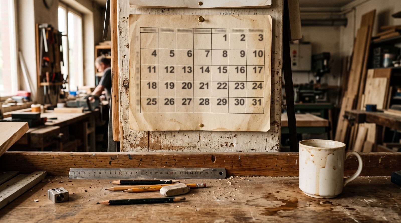 Wandkalender und Werkbank in einer Handwerkswerkstatt als Symbol für die Vorlaufzeit einer Betriebsübergabe